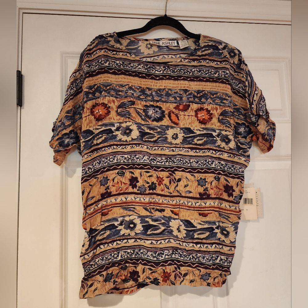 NWT Jane Ashley vintage colorful floral bead detail blouse M